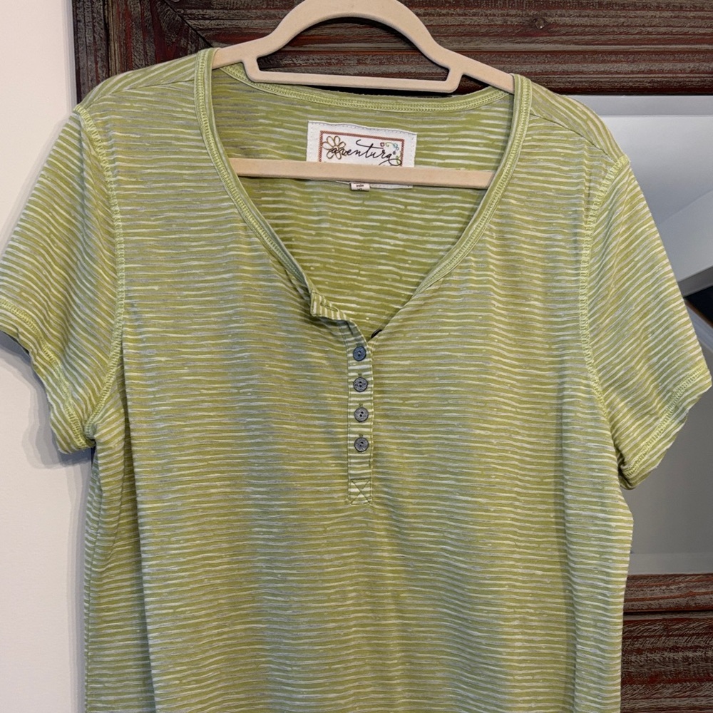 Aventura Light Green Striped Henley Short Sleeve Tee